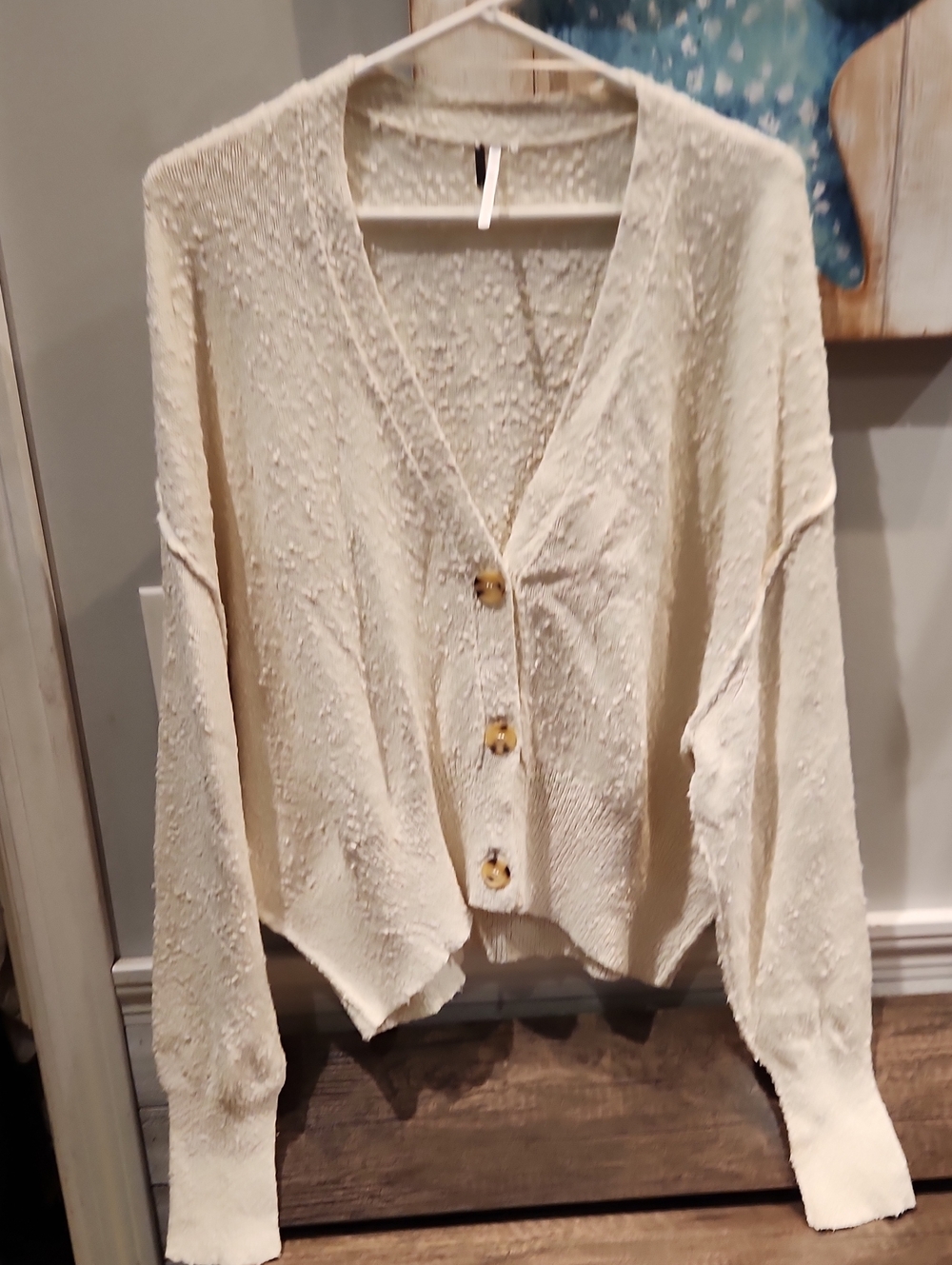 EUC Free People Cream Button-Front V-Neck Sweater Cardigan Oversized Sz M